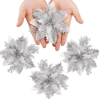 Produktbild von 12 Stück glitzernde Weihnachtssterne, 14 cm, künstliche Blumen, Weihnachten, mit Clips, Stielen, Weihnachtsbaumschmuck für Hochzeit, Party, Kranzdekoration (silber)