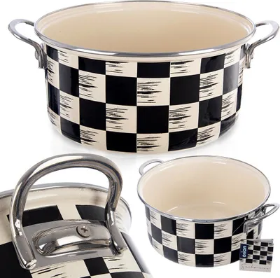 A collage of an enamel pot with a black and white checkered pattern.