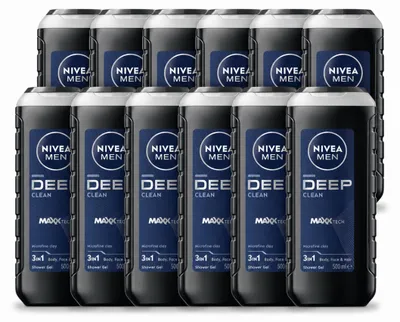 Imagen del producto de 12 unidades de gel de ducha NIVEA MEN Deep Clean 3 en 1 - 500 ml - Paquete económico - 12 piezas