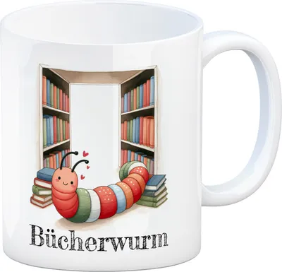 Produktbild von Bücherwurm Kaffeebecher mit Wurm in der Bibliothek