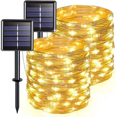 Image de Guirlande lumineuse solaire d'extérieur en une seule pièce, 50 LED, 7 mètres, 8 modes, blanc chaud, pour usage extérieur, résistante aux intempéries, IP65, guirlande lumineuse, éclairage décoratif d'extérieur et d'intérieur