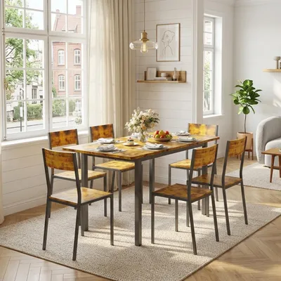 Produktbild von BEALIFE Essgruppe 7-teilig mit ausziehbarer Tisch & 6 Stühlen | Für Küche, Esszimmer & Wohnzimmer | Retro TB78