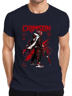 Immagine prodotto di Maglietta da uomo, taglia L, blu navy, con stampa "Crimson Blade of Redemption", ispirata ai samurai, ai ninja e alle katane giapponesi, stile manga, anni 2000