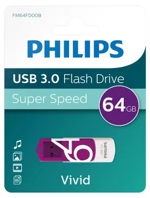 Zdjęcie produktu dla Philips FM64FD00B, 64 GB, USB Typu-A, 3.2 Gen 1 (3.1 Gen 1), Obrotowy, 8 g, Fioletowy, Biały