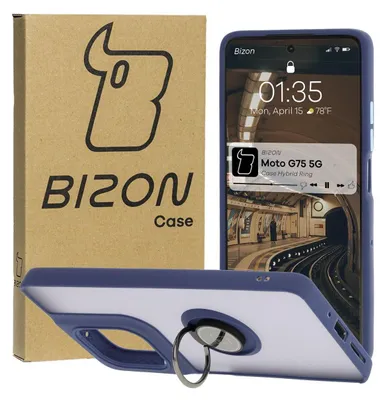 Produktbild von Bizon Case Hybrid Ring Fingerringhülle für Motorola Moto G75 5G, Rauch mit marineblauem Rahmen