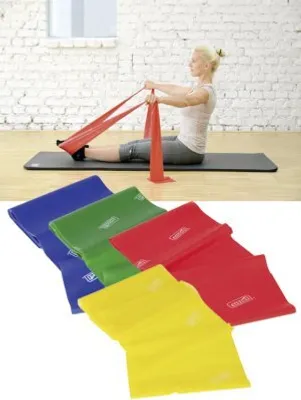 A woman is using a red resistance band for exercise, and below are several resistance bands in different colors.
