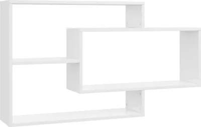 A white, modern, geometric wall shelf unit is shown against a white background.