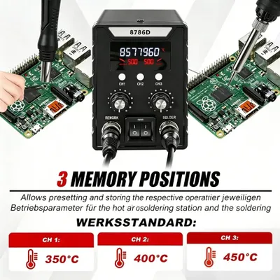 Produktbild von Lötstation - 8786D - 2-in-1 - Heißluftgebläse - Lötkolben - Digitalanzeige - Temperaturregelung - SMD-Reparatur