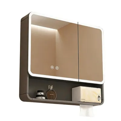 Image de Armoire de toilette, armoire de toilette avec LED, miroir de salle de bain avec armoire, armoire de toilette murale, noir 80【JG-HZ063】