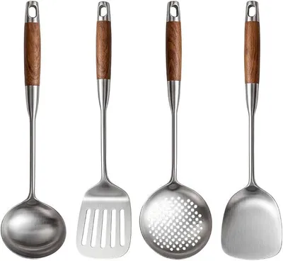Imagen del producto de Juego de utensilios de cocina con mango de madera, para wok y sartén (juego de 4 piezas)