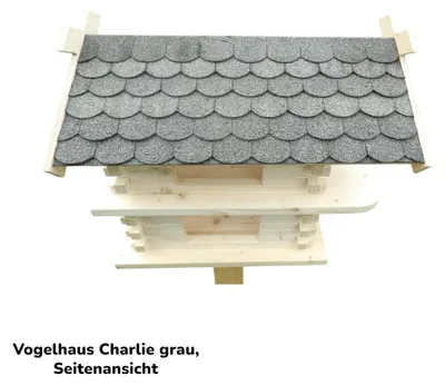Produktbild von Vogelhaus Charlie grau Blockhaus-Stil Handarbeit für Gartenvögel 47x38,5x43 cm