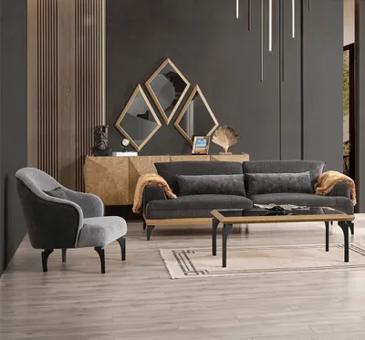 Produktbild von Stilvolles Graues Wohnzimmer Sofa-Set Designer Sessel Konsole Spiegel