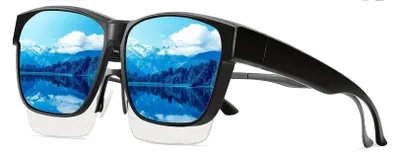 Produktbild von GKA B Überzieh Sonnenbrille für Brillenträger Gläser blau verspiegelt Fit Over Übersonnenbrille Überziehbrille Überbrille Damen und Herren UV-Schutz