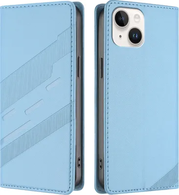 Produktbild von Hülle für iPhone 15, Kunstleder Brieftaschen Handyhülle mit Kartenfach und Standfunktion Hellblau