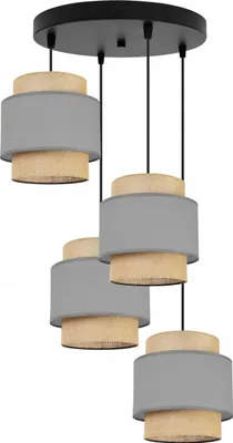 Produktbild von Boho Hängelampe - Deckenlampe - Pendelleuchte aus Metall mit Lampenschirm aus Stoff - E27 - 4-Flammig Oval - Grau und Jute