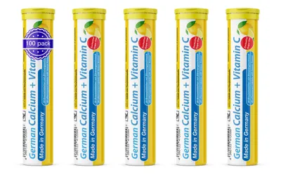 Produktbild von German Calcium + Vitamin C Brausetabletten 5x20 Stk. Zitronengeschmack - 300 mg Kalzium, 75 mg Vitamin C Zuckerfrei - T&D Pharma – Germany