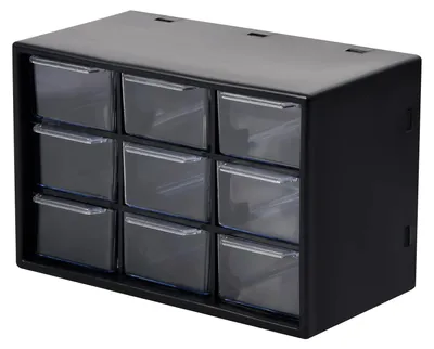 Image de Boîte de rangement en plastique à 9 tiroirs, boîte de rangement 18 x 12 x 10 cm, organiseur pour petits objets pour la maison, l'atelier ou le bureau, idéal pour ranger des bijoux, des outils et des vis.