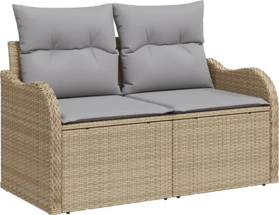 Produktbild von Möbel 10-teiliges Garten Sofa Set mit Kissen Beige Poly Rattan, 2-Sitzer Garten Sofa mit Stauraum & Kissen Beige Poly Rattan - Gartensofas 3358240