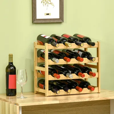 Zdjęcie produktu dla Stojak na wino HOMCOM na 16 butelek, składany stojak na butelki, uchwyt na butelki, stojak na butelki wina z bambusa do piwnicy i pomieszczenia gospodarczego, 43 x 23,5 x 38 cm, naturalne drewno