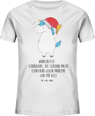 Produktbild von Mr. & Mrs. Panda Organic Kinder T-Shirt Einhorn Weihnachtsmann 7-8 Jahre (122/128) - Weiß - Geschenk, Schokolade, Nikolaus, Mädchen, Einhörner, Shirt, Öko, Kindershirt