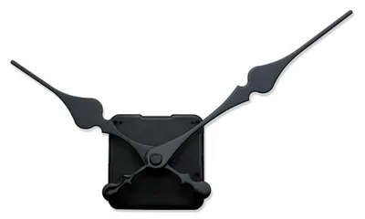 A black clock mechanism with two hands, isolated on a white background.