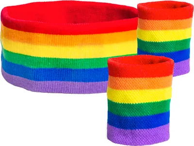 A set of three rainbow-striped fabric wristbands on a white background.
