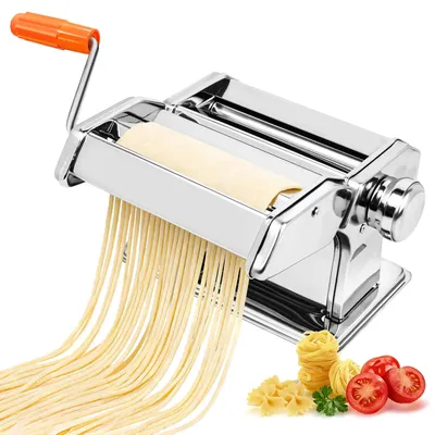 Immagine prodotto di Macchina per la pasta - Macchina per pasta manuale - Acciaio inossidabile - 9 spessori di pasta regolabili - Ideale per spaghetti, fettuccine, lasagne e ravioli - Argento