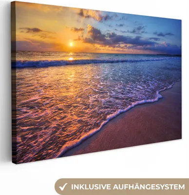 Zdjęcie produktu dla MuchoWow® - Obraz na płótnie - Morze - Plaża - Zachód słońca - Chmury - Horyzont, fototapeta, dekoracja ścienna, obrazy do salonu, 90x60cm