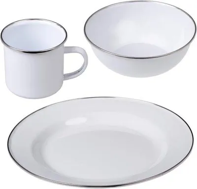 Produktbild von Campinggeschirrset Emaille - Teller, Schüssel und Becher für Outdoor-Aktivitäten