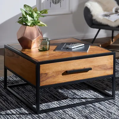 Immagine prodotto di FineBuy Tavolino da caffè FB51417 Tavolo da divano in legno massiccio/metallo 65x38x65cm Tavolo da soggiorno Tavolo da salotto in sheesham Tavolo da salotto industriale marrone Tavolo in legno di design
