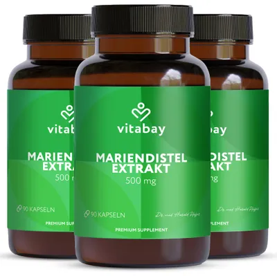 Produktbild von Vitabay Mariendistel Extrakt – 500 mg – 270 vegane Kapseln mit 80% Silymarin – 3er-Pack – Ohne Zusatzstoffe