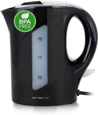 Produktbild von Emerio Wasserkocher 1,0L, 900W, BPA-frei, Wasserstandsanzeige, Trockengehschutz, beleuchteter Ein-/Aus-Schalter, schwarz, ideal für Zuhause & Camping