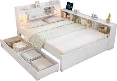 Produktbild von Stauraumbett 140x200 cm, Lattenrost, Schubladen, Regal, LED-Beleuchtung, Mehrfachsteckdose, Doppelbett, Holzbett, Kiefer