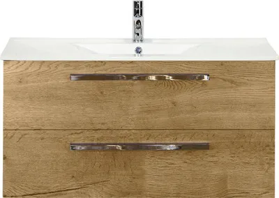 Produktbild von Sanox Badmöbel-Set Seville BxHxT 101 x 52 x 46 cm Frontfarbe eiche natur mit Waschtisch Keramik weiß Griff chrom 8170852