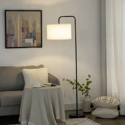 Image de Lampadaire à abat-jour en tissu aspect lin, avec interrupteur au pied, pied en acier courbé, blanc | 64 x 38 x 163,5 cm | E27 | 4,13 kg