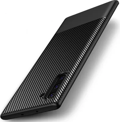 A black smartphone case with a carbon fiber texture is shown against a white background.