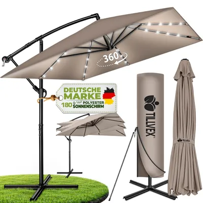 Zdjęcie produktu dla tillvex® Aluminiowy parasol ogrodowy prostokątny Ø 330 cm z oświetleniem LED na energię słoneczną w kolorze cappuccino + pokrowiec z korbką | Parasol z podstawą i osłoną przeciwwiatrową | Parasol ogrodowy z ochroną przed promieniowaniem UV, wodoodporny, obracany o 360° | Parasol z korbką, parasol targowy, Obraz wygenerowany przez AI