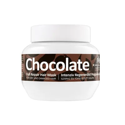 Zdjęcie produktu dla Kallos Chocolate Full Repair Hair Mask 275ml, 275 ml, Kobiety, Włosy zniszczone, Włosy suche, Naprawa, Świecący, Keratyna, Białko mleka, Pantenol, Słoiczek