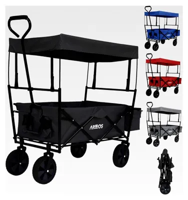 Produktbild von Faltbarer Bollerwagen mit Dach | Handwagen | Transportwagen | Faltwagen | Gerätewagen inkl. 2 Netztaschen und einer Außentasche | bis 70 kg Tragkraft | 360° Vollgummireifen | Schwarz