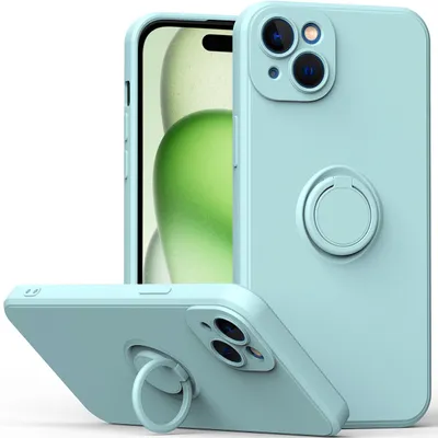 Obrázek produktu pro Pouzdro pro iPhone 15 odolné proti poškrábání, měkký silikon pouzdro s prstencovým držákem a stojánkem světle zelená