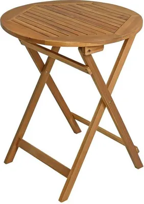 A round, wooden folding table with a slatted top and X-shaped legs, presented against a white background.