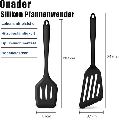 Produktbild von Pfannenwender 2er Set, Silikon Kš¹chenhelfer mit Schlitzwender zum Braten Wenden, Antihaft Spatula Bratwender fš¹r Fisch & Fleisch, Hitzebest?ndig Kš¹chenutensilien, Spš¹lmaschinenfest, Schwarz