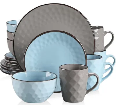 Productafbeelding van Servies voor 16 personen, 16-delig, steengoed, blauw-grijs. Bestaat uit: 4 dinerborden, 4 taartborden, 4 kommen en 4 kopjes