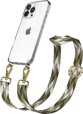 Produktbild von EAZY CASE Handykette - Verstellbarer Trageriemen kompatibel mit Apple iPhone 16 Pro Max, Handykordel mit transparenter Silikon-Hülle, Karabiner Gold, Mix Style, Band in Grün