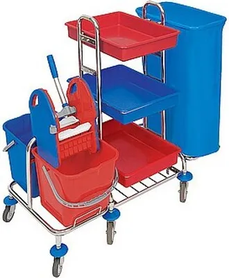 Splast verchromter Wagen mit Abfallsackhalter, Plastikablagen, Eimern und Moppresse Splast  MID-0006