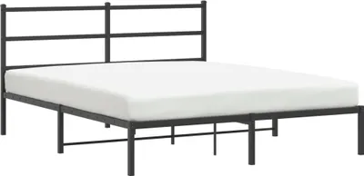 A black metal bed frame with a white mattress is shown against a white background.