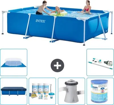 Produktbild von Rechteckiges Schwimmbecken - 300 x 200 x 75 cm - Blauw - Mit Abdeckvorhang - Inklusive Wartungspaket - Schwimmbeckenpumpe - Filter - Bodenabdeckung - Staubsauger