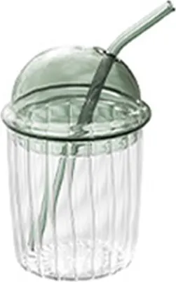 Produktbild von Trinkbecher mit Deckel und Strohhalm-Ripple Glas Eiskaffee Gläser mit Trinkhalm - Breite Trinkgläser für Eistee, Getränke mit Sahne, Milchshakes, Cocktail, grau, 460 ml