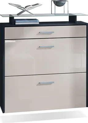 Produktbild von Vladon Schuhschrank Malea, hängender Schuhkipper für 16 Paar Schuhe mit 2 Klappen und 1 Schublade und Glasablage, Schwarz matt/Sandgrau Hochglanz (89 x 96 x 23 cm)