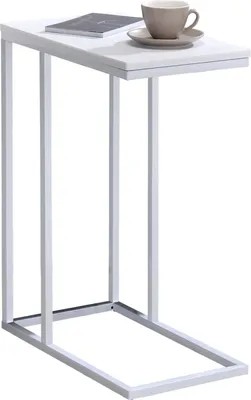 Produktbild von Beistelltisch DEBORA, praktischer Wohnzimmertisch in C-Form, schöner Couchtisch Tischplatte rechteckig in weiß, eleganter Sofatisch mit Metallgestell in weiß